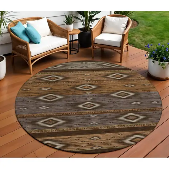 8' Chocolate Copper And Gray Round Tribal Washable Indoor Outdoor Area Rug Photo 2