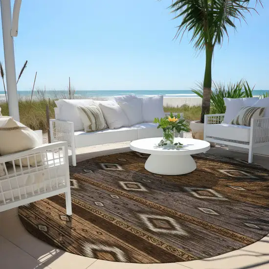 8' Chocolate Copper And Gray Round Tribal Washable Indoor Outdoor Area Rug Photo 6