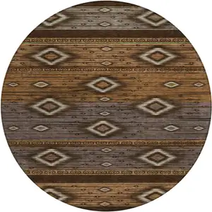 Photo of 8' Chocolate Copper And Gray Round Tribal Washable Indoor Outdoor Area Rug