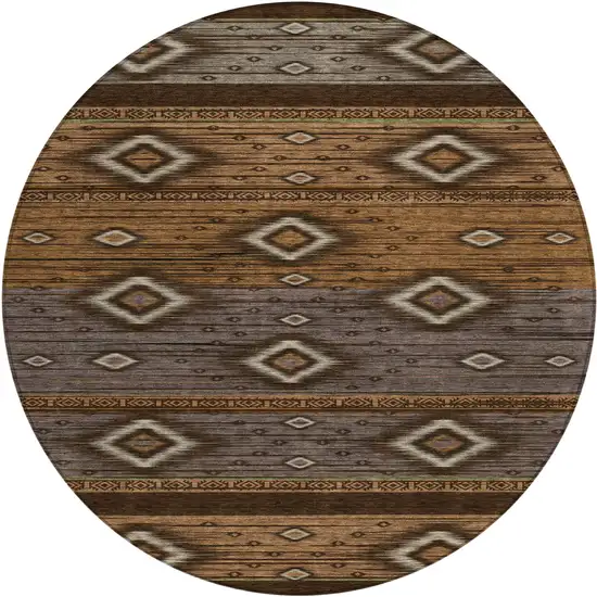 8' Chocolate Copper And Gray Round Tribal Washable Indoor Outdoor Area Rug Photo 1
