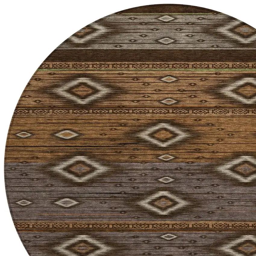 8' Chocolate Copper And Gray Round Tribal Washable Indoor Outdoor Area Rug Photo 9