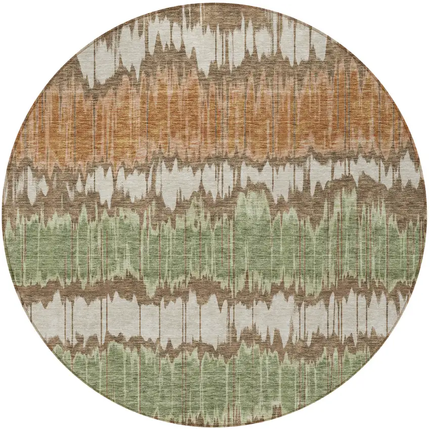 8' Chocolate Copper And Green Round Striped Washable Indoor Outdoor Area Rug Photo 5