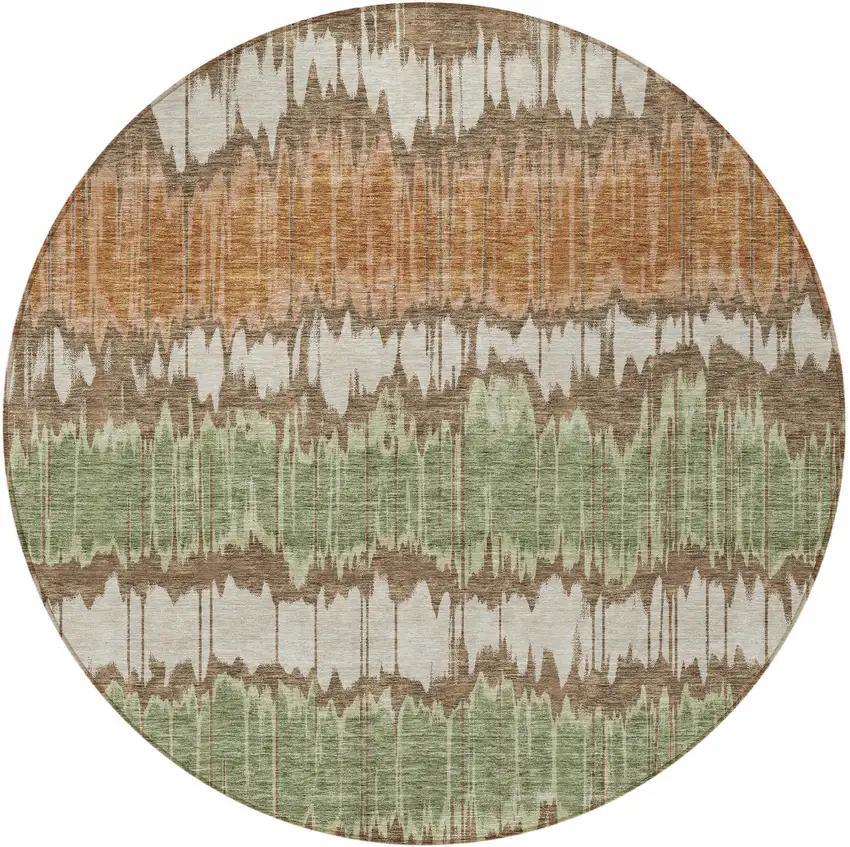 8' Chocolate Copper And Green Round Striped Washable Indoor Outdoor Area Rug Photo 5