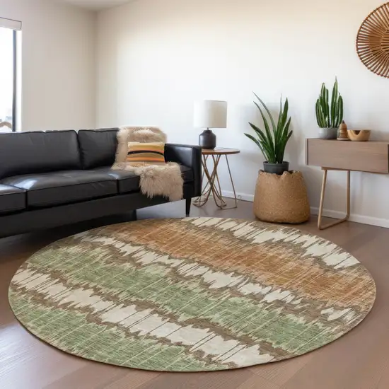 8' Chocolate Copper And Green Round Striped Washable Indoor Outdoor Area Rug Photo 7