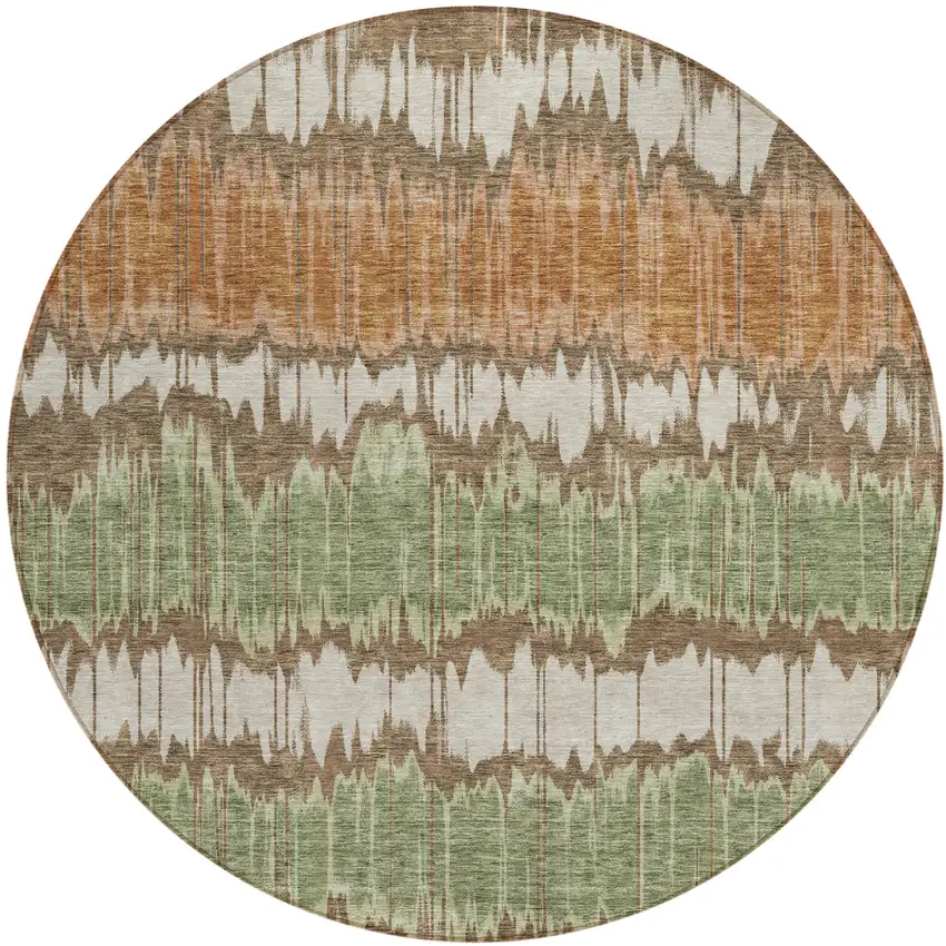 8' Chocolate Copper And Green Round Striped Washable Indoor Outdoor Area Rug Photo 1