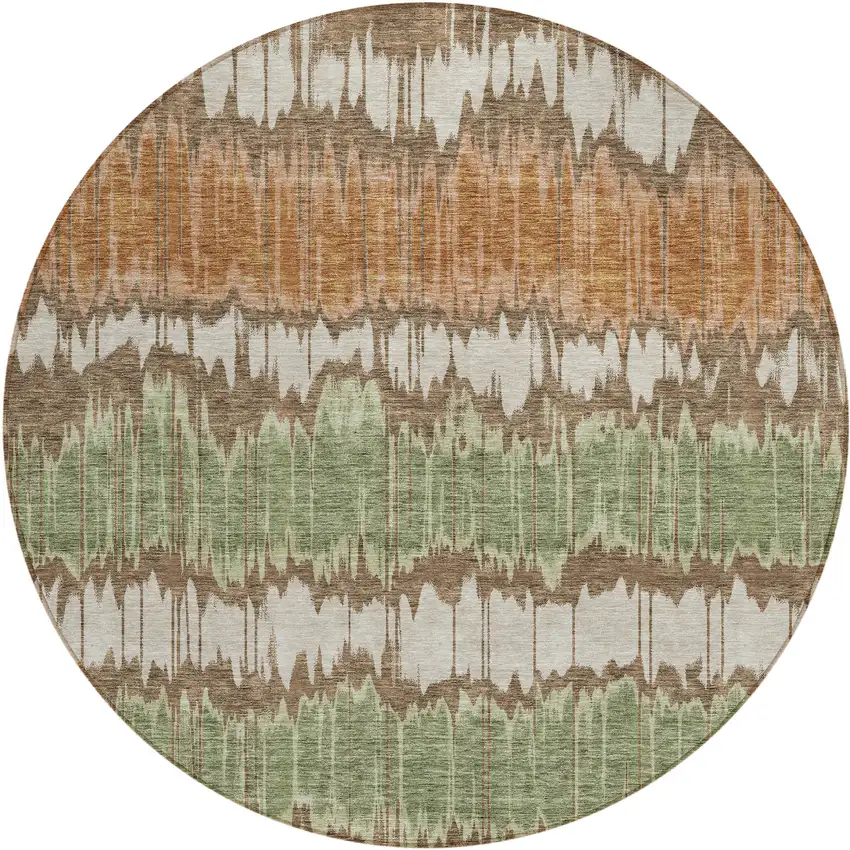 8' Chocolate Copper And Green Round Striped Washable Indoor Outdoor Area Rug Photo 1