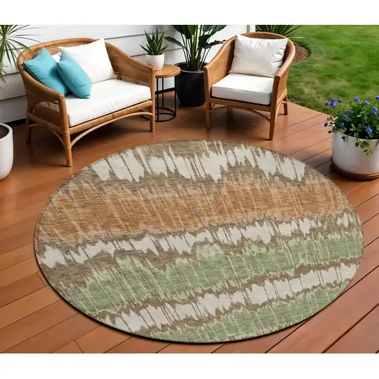 8' Chocolate Copper And Green Round Striped Washable Indoor Outdoor Area Rug Photo 1