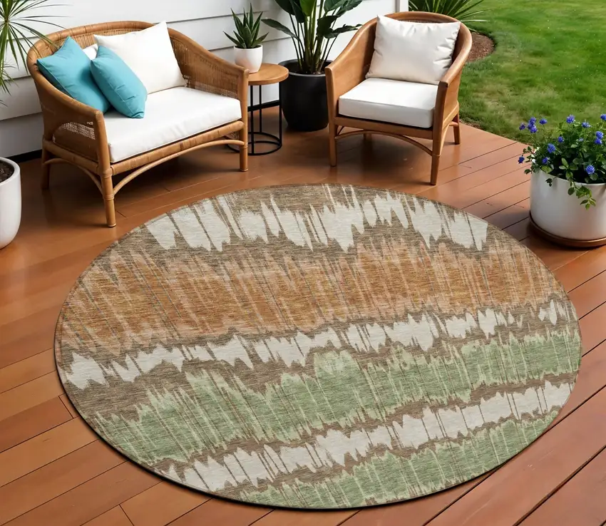8' Chocolate Copper And Green Round Striped Washable Indoor Outdoor Area Rug Photo 1