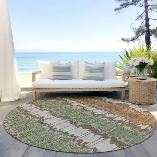 8' Chocolate Copper And Green Round Striped Washable Indoor Outdoor Area Rug Photo 6