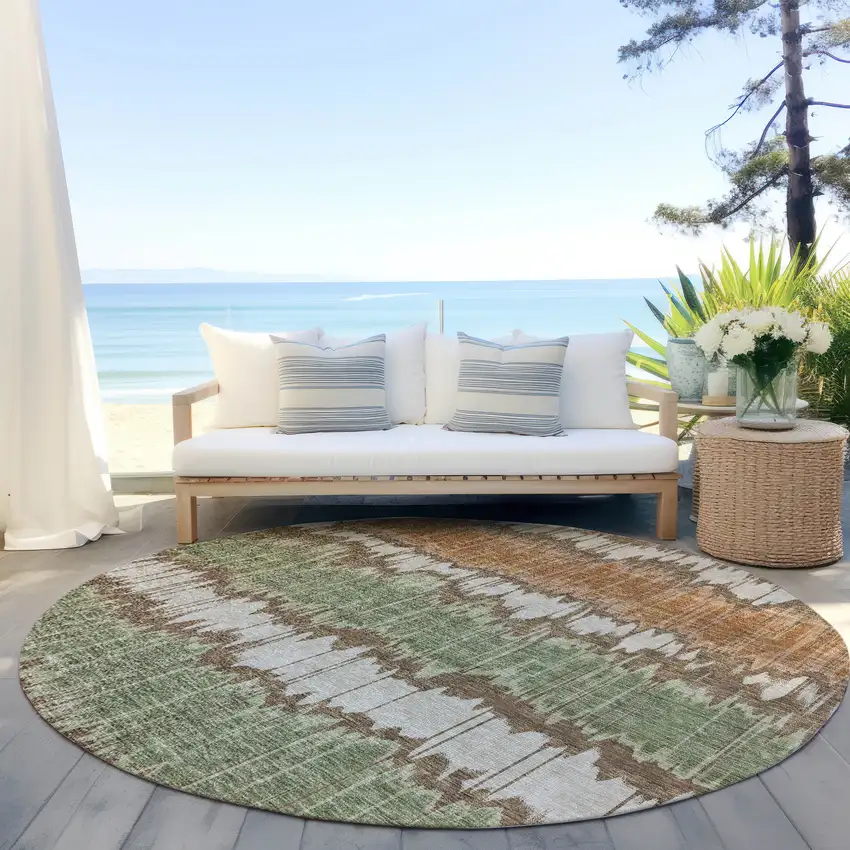 8' Chocolate Copper And Green Round Striped Washable Indoor Outdoor Area Rug Photo 6