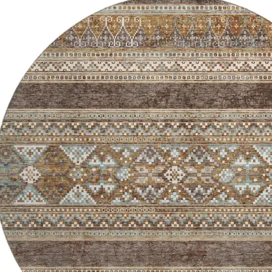 8' Chocolate Copper And Ivory Southwestern Washable Round Rug With UV Protection Photo 4