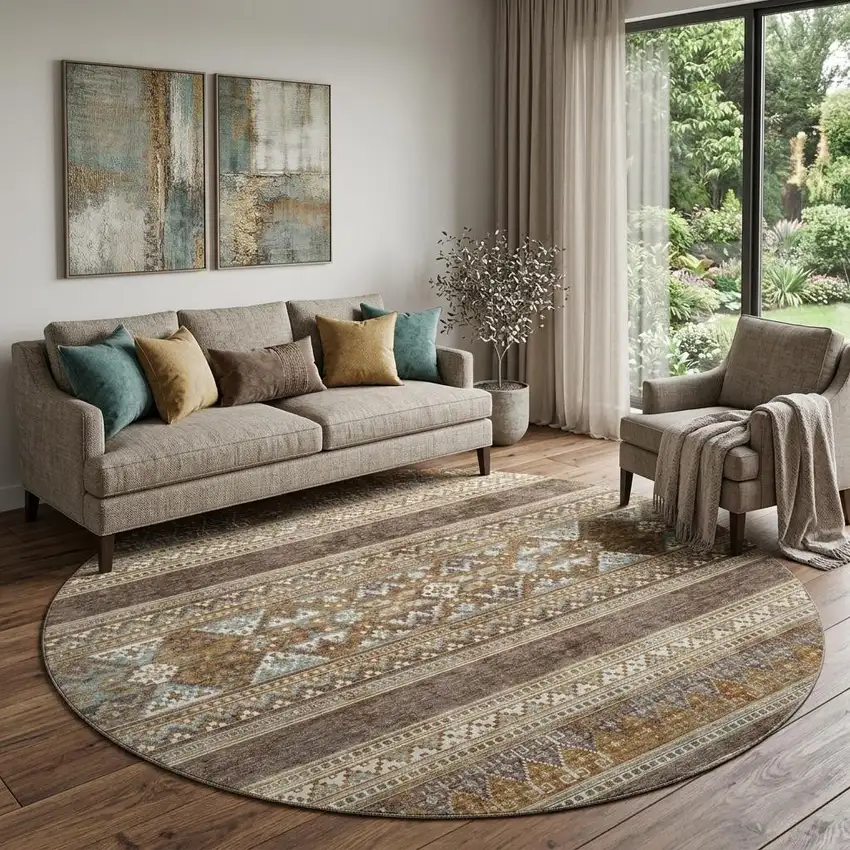 8' Chocolate Copper And Ivory Southwestern Washable Round Rug With UV Protection Photo 1