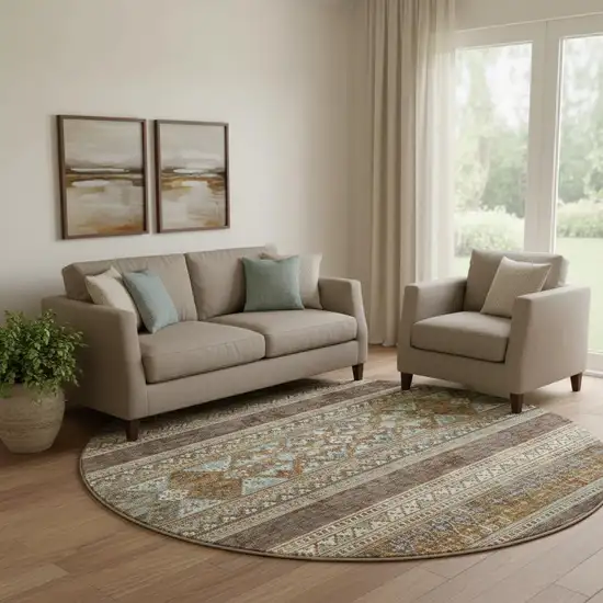 8' Chocolate Copper And Ivory Southwestern Washable Round Rug With UV Protection Photo 1