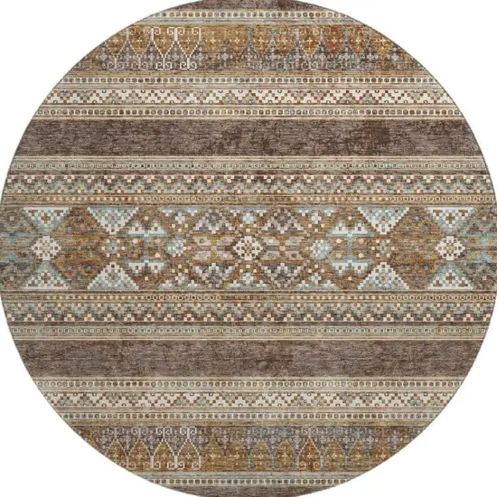 8' Chocolate Copper And Ivory Southwestern Washable Round Rug With UV Protection Photo 3