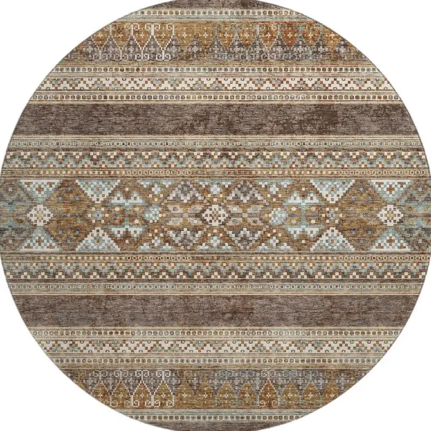 8' Chocolate Copper And Ivory Southwestern Washable Round Rug With UV Protection Photo 3