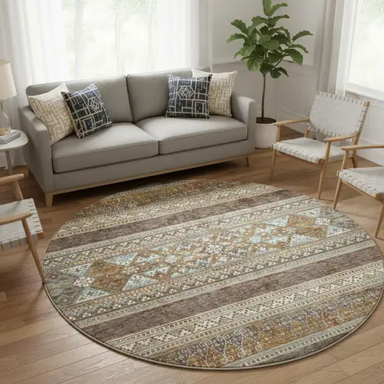 8' Chocolate Copper And Ivory Southwestern Washable Round Rug With UV Protection Photo 2