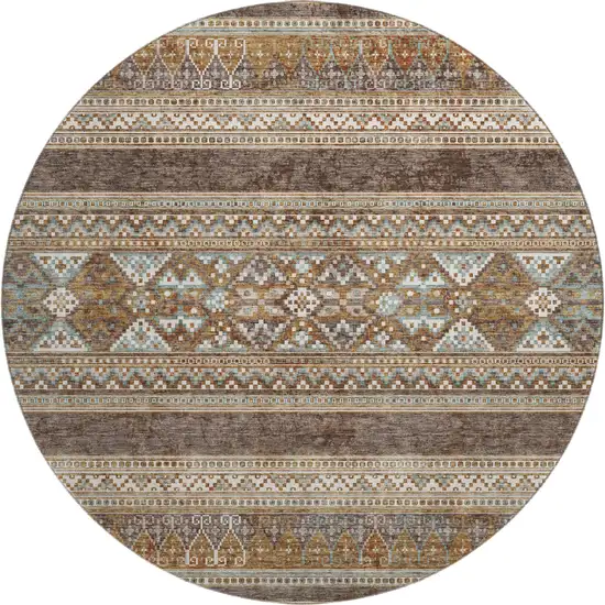 8' Chocolate Copper And Ivory Southwestern Washable Round Rug With UV Protection Photo 1