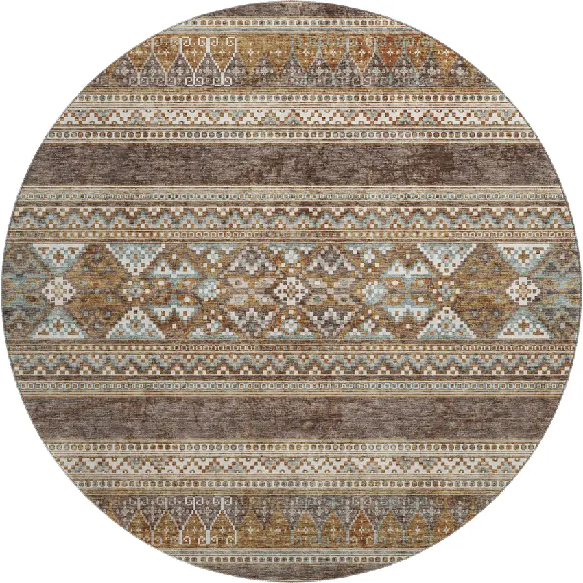 8' Chocolate Copper And Ivory Southwestern Washable Round Rug With UV Protection Photo 1