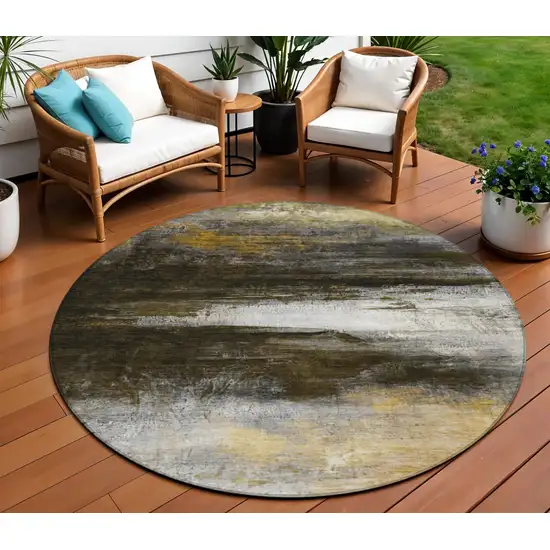 8' Chocolate Gold And Beige Round Abstract Washable Indoor Outdoor Area Rug Photo 2