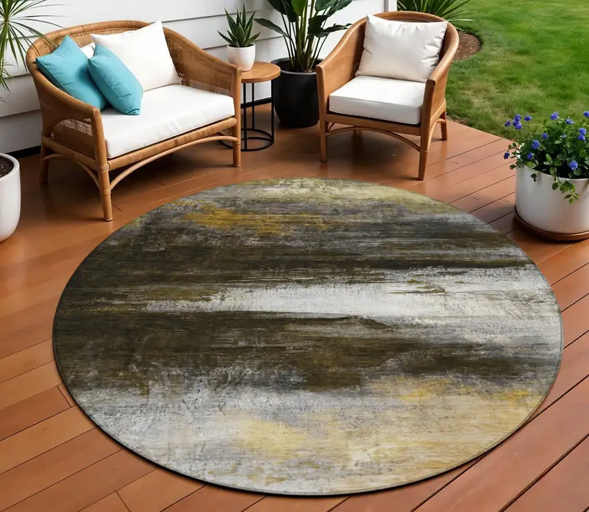 8' Chocolate Gold And Beige Round Abstract Washable Indoor Outdoor Area Rug Photo 2