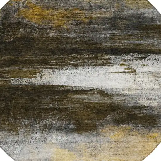 8' Chocolate Gold And Beige Round Abstract Washable Indoor Outdoor Area Rug Photo 8
