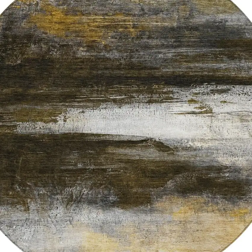 8' Chocolate Gold And Beige Round Abstract Washable Indoor Outdoor Area Rug Photo 8