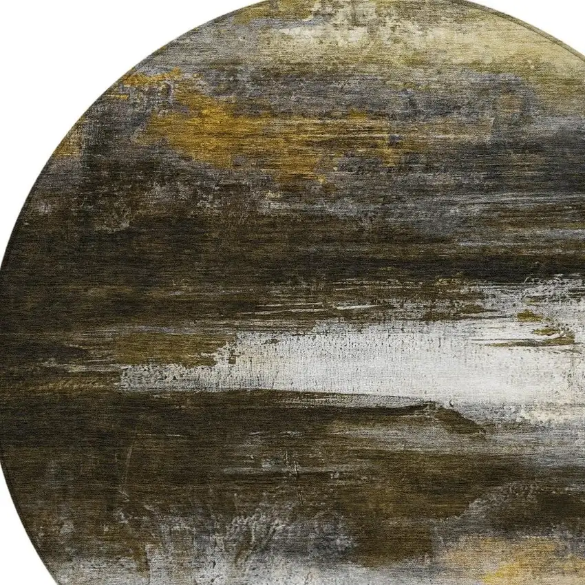 8' Chocolate Gold And Beige Round Abstract Washable Indoor Outdoor Area Rug Photo 4