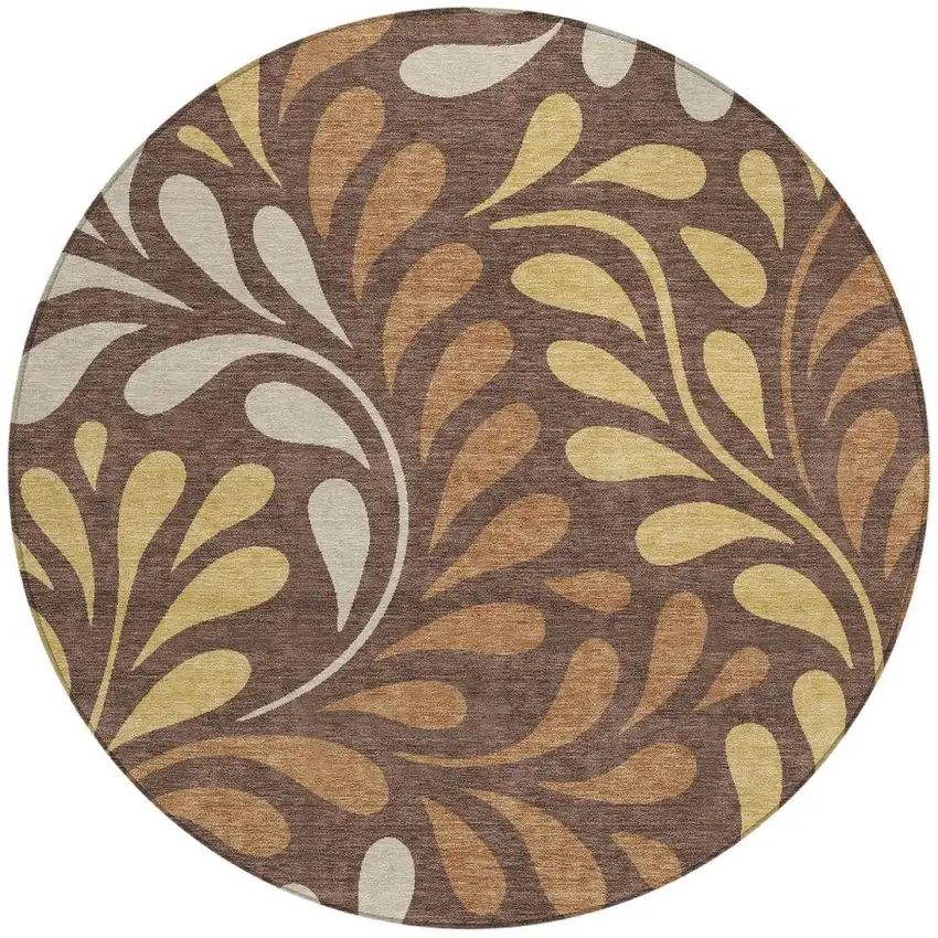 8' Chocolate Gold And Beige Round Botanical Leaves Washable Indoor Outdoor Area Rug Photo 3