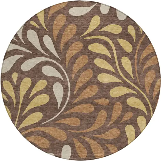 8' Chocolate Gold And Beige Round Botanical Leaves Washable Indoor Outdoor Area Rug Photo 1
