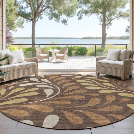 8' Chocolate Gold And Beige Round Botanical Leaves Washable Indoor Outdoor Area Rug Photo 4