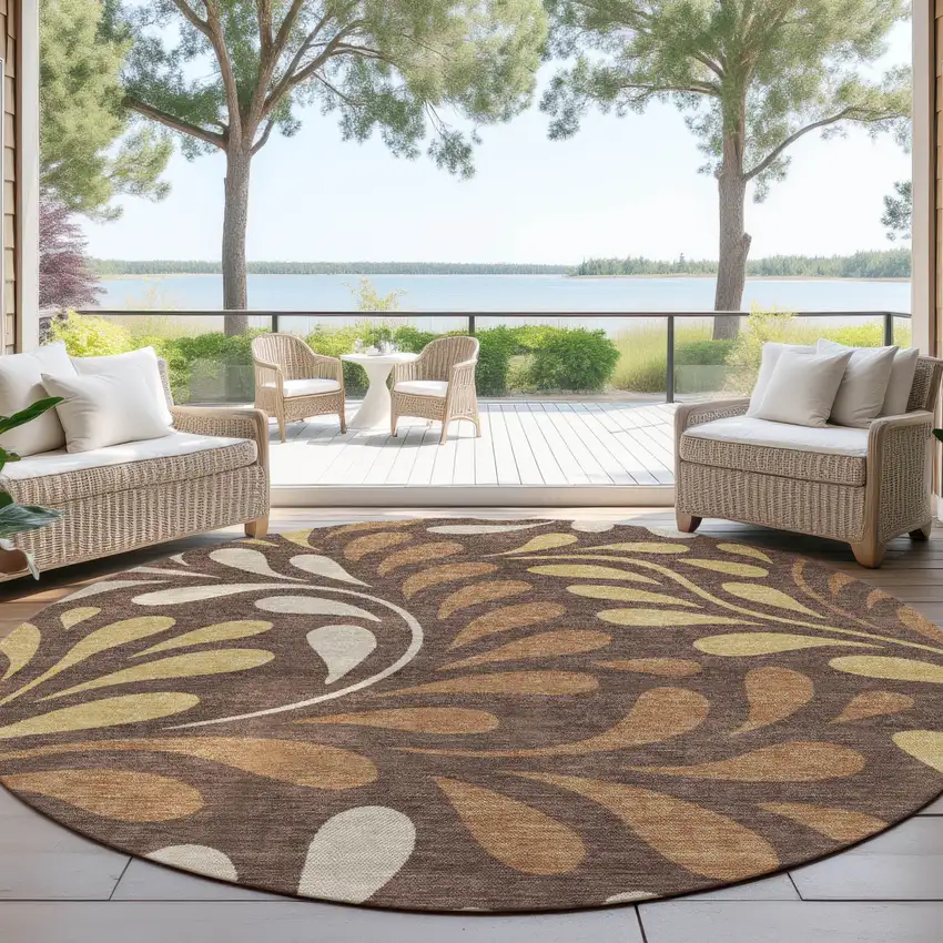 8' Chocolate Gold And Beige Round Botanical Leaves Washable Indoor Outdoor Area Rug Photo 4