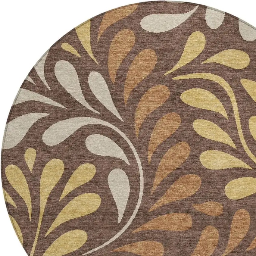 8' Chocolate Gold And Beige Round Botanical Leaves Washable Indoor Outdoor Area Rug Photo 2