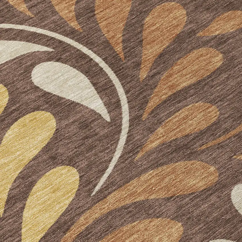 8' Chocolate Gold And Beige Round Botanical Leaves Washable Indoor Outdoor Area Rug Photo 9