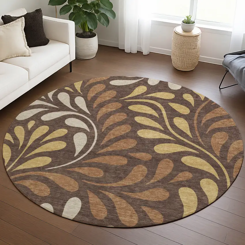 8' Chocolate Gold And Beige Round Botanical Leaves Washable Indoor Outdoor Area Rug Photo 5