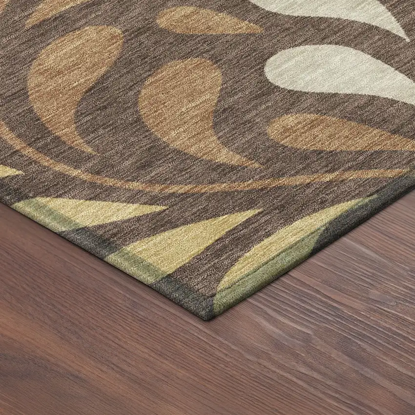 8' Chocolate Gold And Beige Round Botanical Leaves Washable Indoor Outdoor Area Rug Photo 8