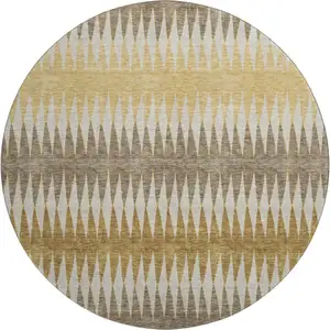 Photo of 8' Chocolate Gold And Beige Striped Washable Round Rug With UV Protection