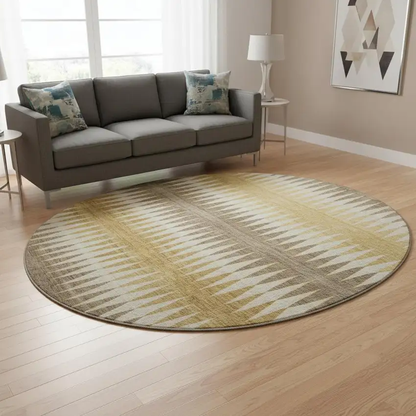 8' Chocolate Gold And Beige Striped Washable Round Rug With UV Protection Photo 2