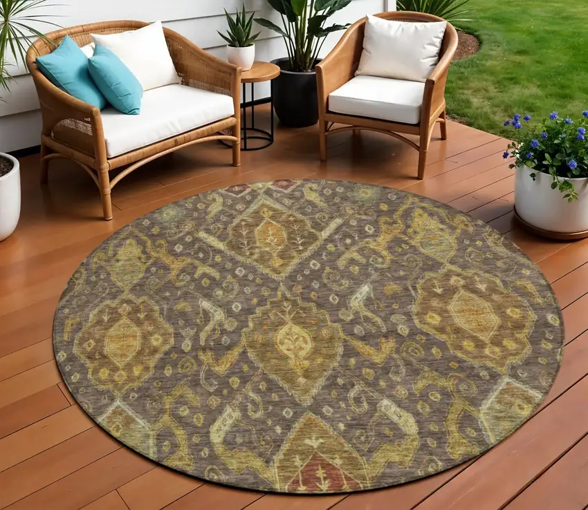 8' Chocolate Gold And Burgundy Round Ikat Washable Indoor Outdoor Area Rug Photo 1