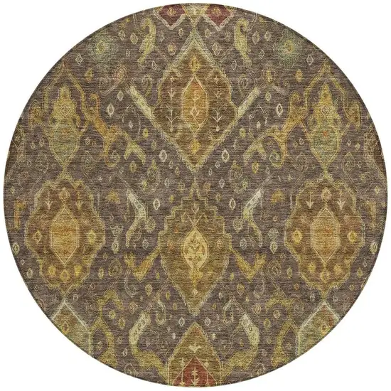 8' Chocolate Gold And Burgundy Round Ikat Washable Indoor Outdoor Area Rug Photo 4
