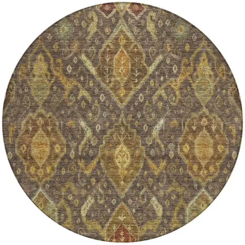 8' Chocolate Gold And Burgundy Round Ikat Washable Indoor Outdoor Area Rug Photo 4