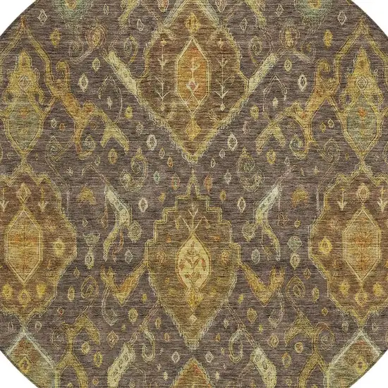 8' Chocolate Gold And Burgundy Round Ikat Washable Indoor Outdoor Area Rug Photo 7