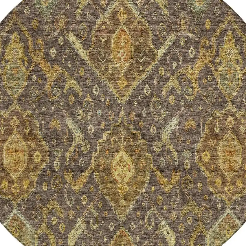 8' Chocolate Gold And Burgundy Round Ikat Washable Indoor Outdoor Area Rug Photo 7