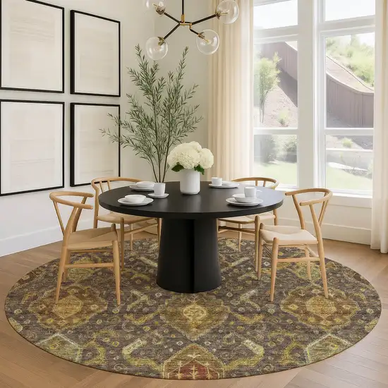 8' Chocolate Gold And Burgundy Round Ikat Washable Indoor Outdoor Area Rug Photo 9