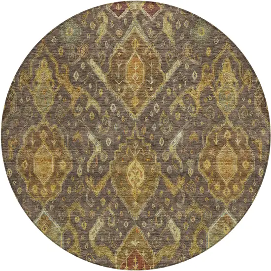 8' Chocolate Gold And Burgundy Round Ikat Washable Indoor Outdoor Area Rug Photo 2