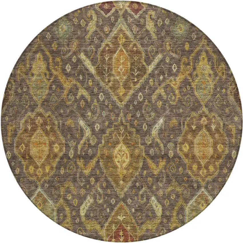 8' Chocolate Gold And Burgundy Round Ikat Washable Indoor Outdoor Area Rug Photo 2