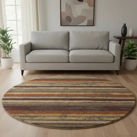 8' Chocolate Gold And Burgundy Striped Washable Round Rug With UV Protection Photo 2