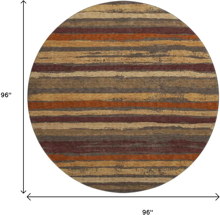 8' Chocolate Gold And Burgundy Striped Washable Round Rug With UV Protection Photo 9