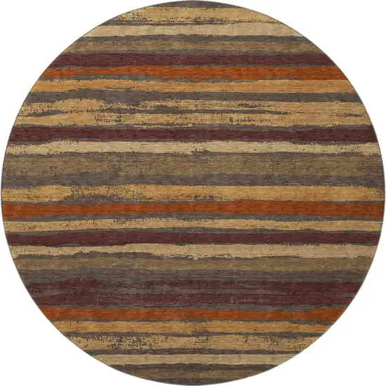 8' Chocolate Gold And Burgundy Striped Washable Round Rug With UV Protection Photo 3