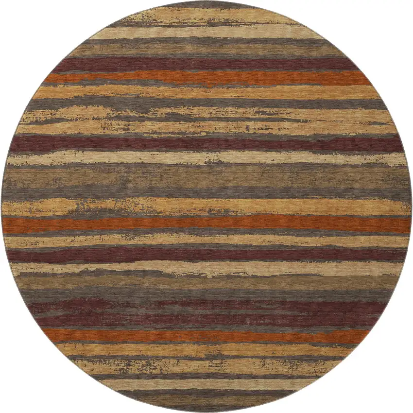 8' Chocolate Gold And Burgundy Striped Washable Round Rug With UV Protection Photo 3