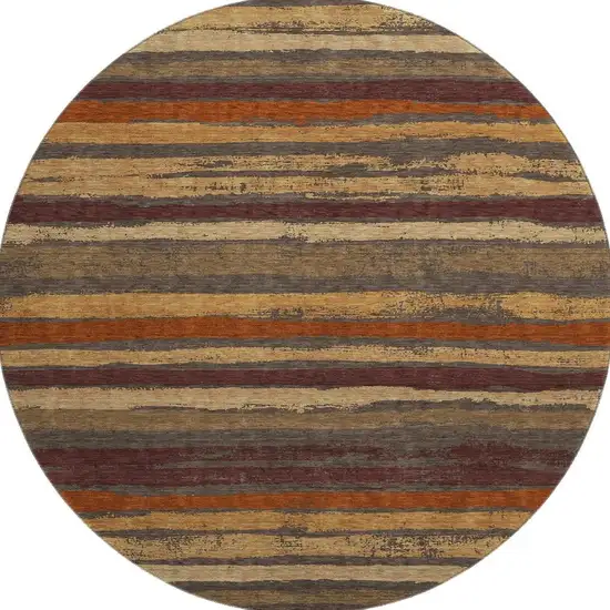 8' Chocolate Gold And Burgundy Striped Washable Round Rug With UV Protection Photo 2